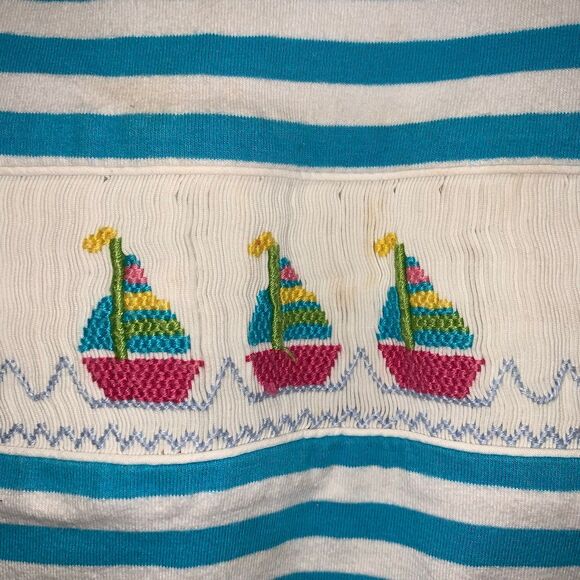 Girls 18m Smocked Sail Boat Dress Blue White Stripes - Picture 2 of 6